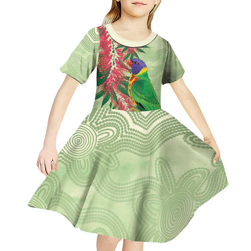 Australia Bottlebrush And Lorikeets Kid Short Sleeve Dress Aboriginal Art - Watercolor Style