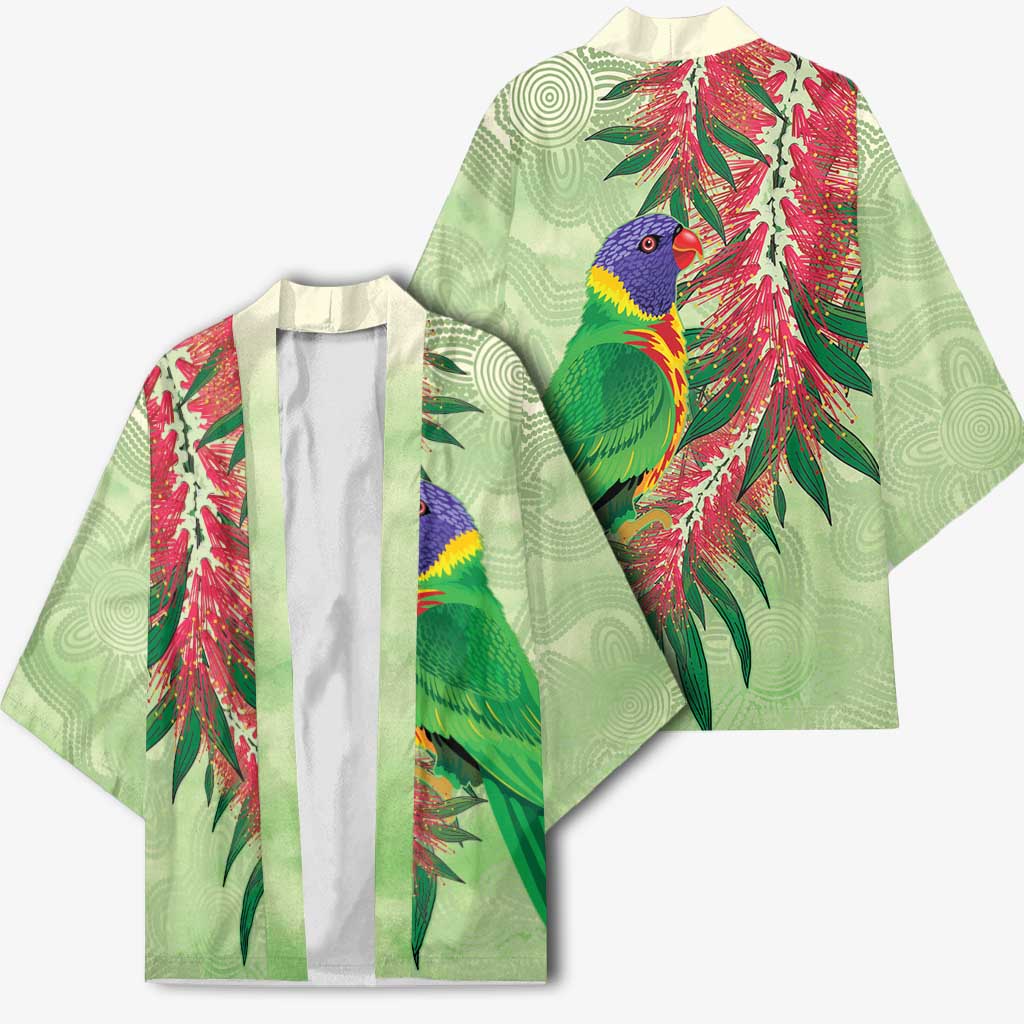 Australia Bottlebrush And Lorikeets Kimono Aboriginal Art - Watercolor Style - Aussie Hoodie