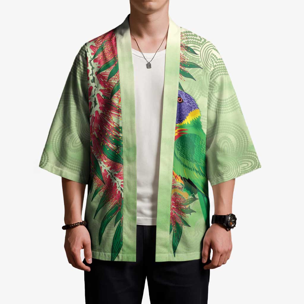 Australia Bottlebrush And Lorikeets Kimono Aboriginal Art - Watercolor Style - Aussie Hoodie