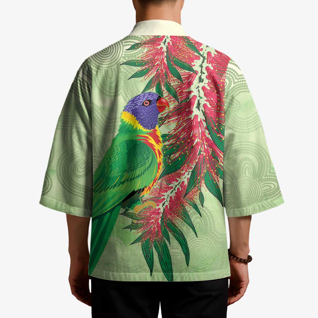 Australia Bottlebrush And Lorikeets Kimono Aboriginal Art - Watercolor Style - Aussie Hoodie