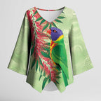 Australia Bottlebrush And Lorikeets Kimono Sleeve Blouse Aboriginal Art - Watercolor Style - Aussie Hoodie