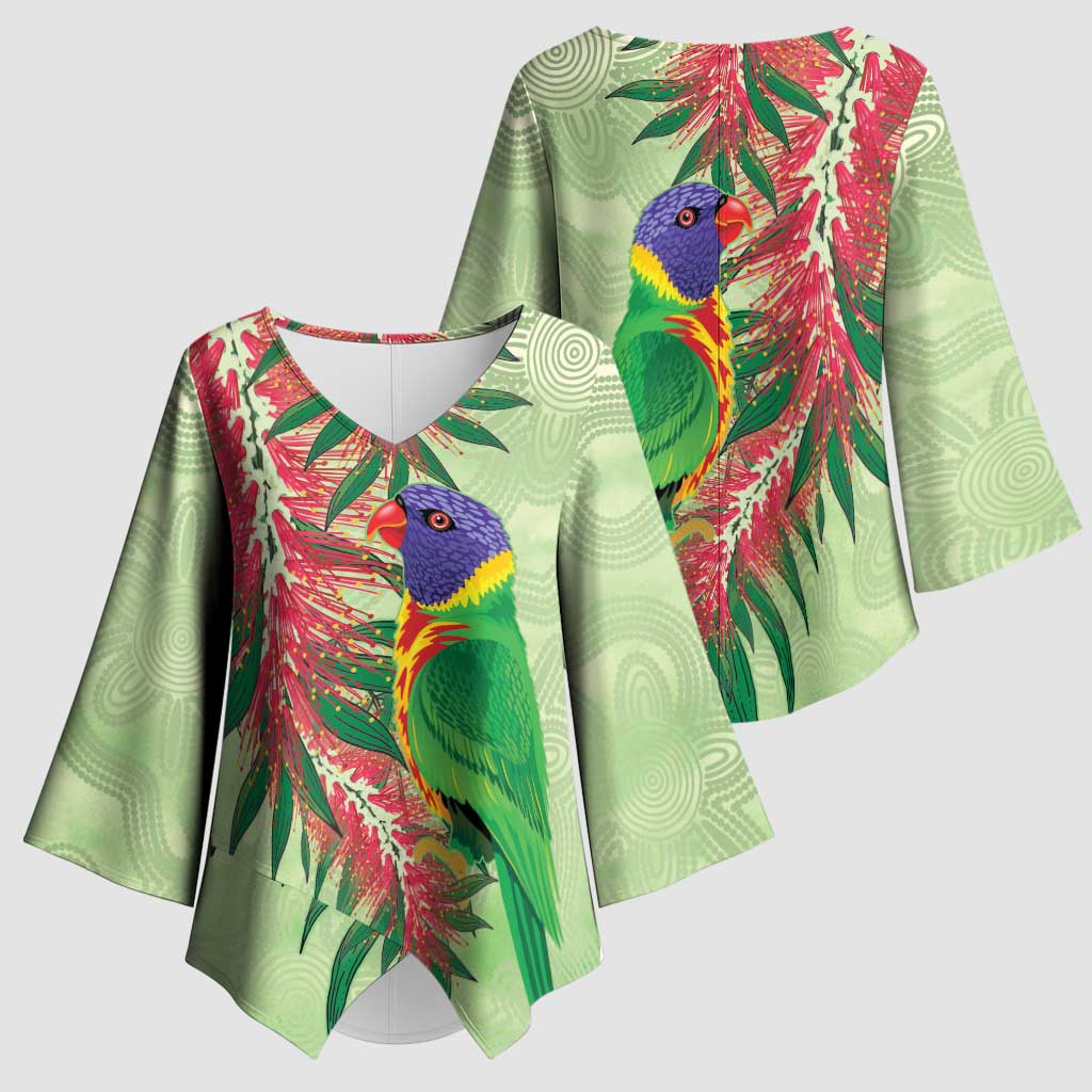 Australia Bottlebrush And Lorikeets Kimono Sleeve Blouse Aboriginal Art - Watercolor Style - Aussie Hoodie