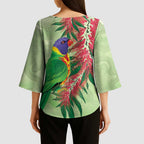 Australia Bottlebrush And Lorikeets Kimono Sleeve Blouse Aboriginal Art - Watercolor Style - Aussie Hoodie