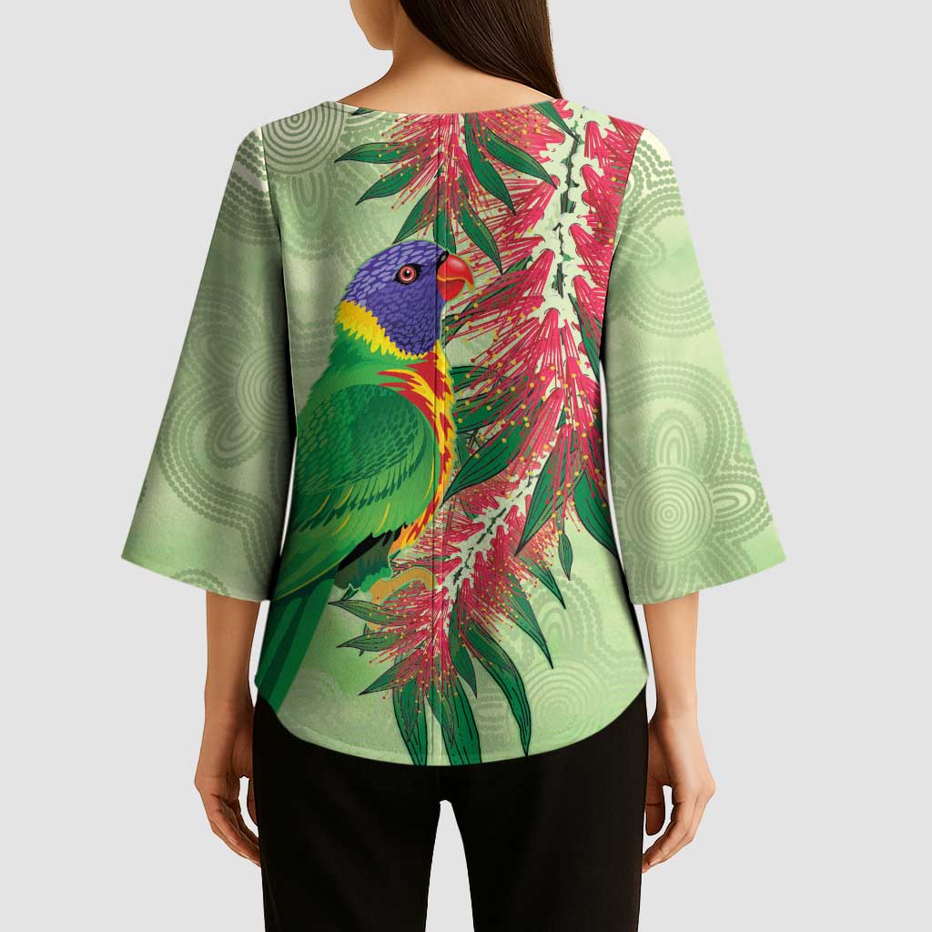 Australia Bottlebrush And Lorikeets Kimono Sleeve Blouse Aboriginal Art - Watercolor Style - Aussie Hoodie