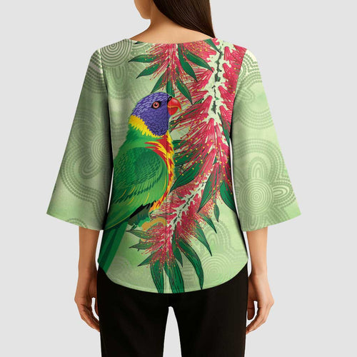 Australia Bottlebrush And Lorikeets Kimono Sleeve Blouse Aboriginal Art - Watercolor Style - Aussie Hoodie
