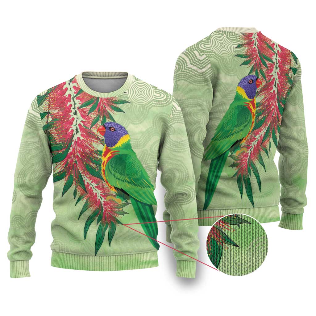 Australia Bottlebrush And Lorikeets Ugly Christmas Sweater Aboriginal Art - Watercolor Style