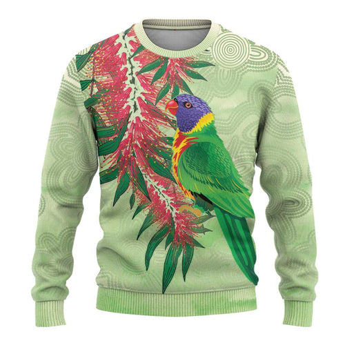 Australia Bottlebrush And Lorikeets Ugly Christmas Sweater Aboriginal Art - Watercolor Style