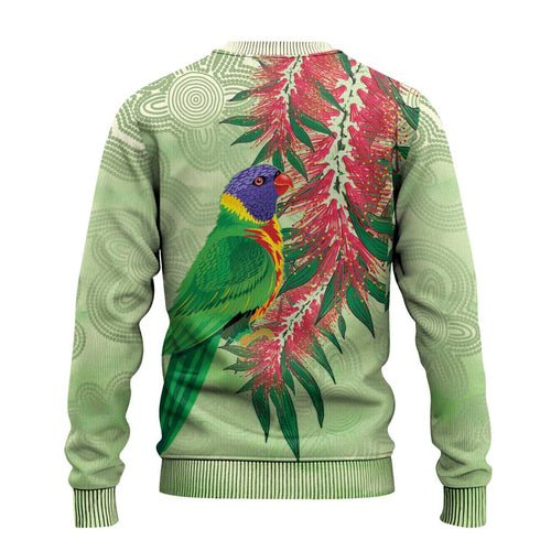 Australia Bottlebrush And Lorikeets Ugly Christmas Sweater Aboriginal Art - Watercolor Style