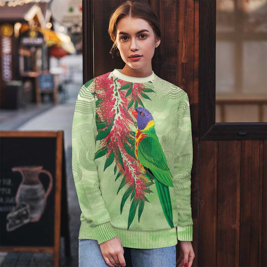 Australia Bottlebrush And Lorikeets Ugly Christmas Sweater Aboriginal Art - Watercolor Style