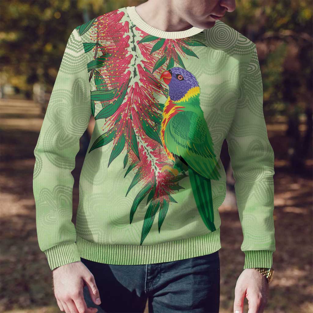 Australia Bottlebrush And Lorikeets Ugly Christmas Sweater Aboriginal Art - Watercolor Style