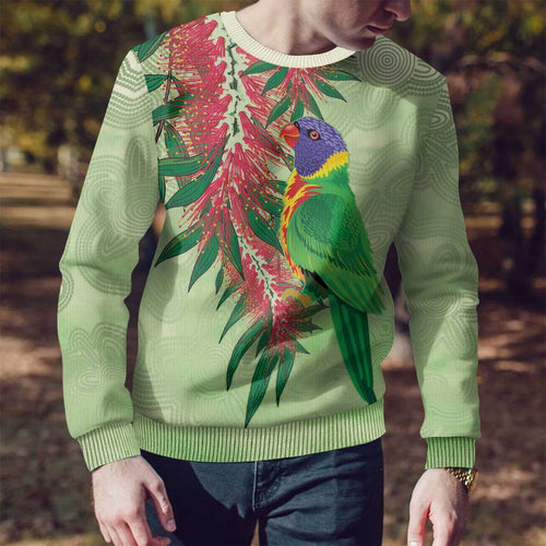 Australia Bottlebrush And Lorikeets Ugly Christmas Sweater Aboriginal Art - Watercolor Style