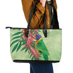 Australia Bottlebrush And Lorikeets Leather Tote Bag Aboriginal Art - Watercolor Style