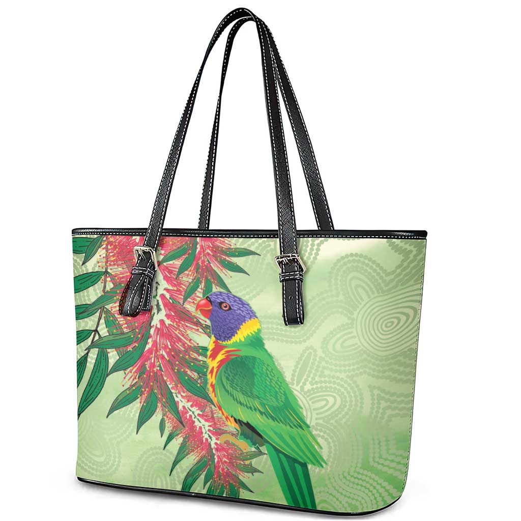 Australia Bottlebrush And Lorikeets Leather Tote Bag Aboriginal Art - Watercolor Style