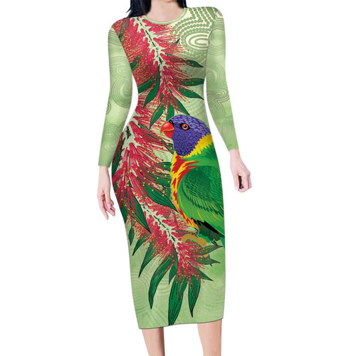 Australia Bottlebrush And Lorikeets Long Sleeve Bodycon Dress Aboriginal Art - Watercolor Style