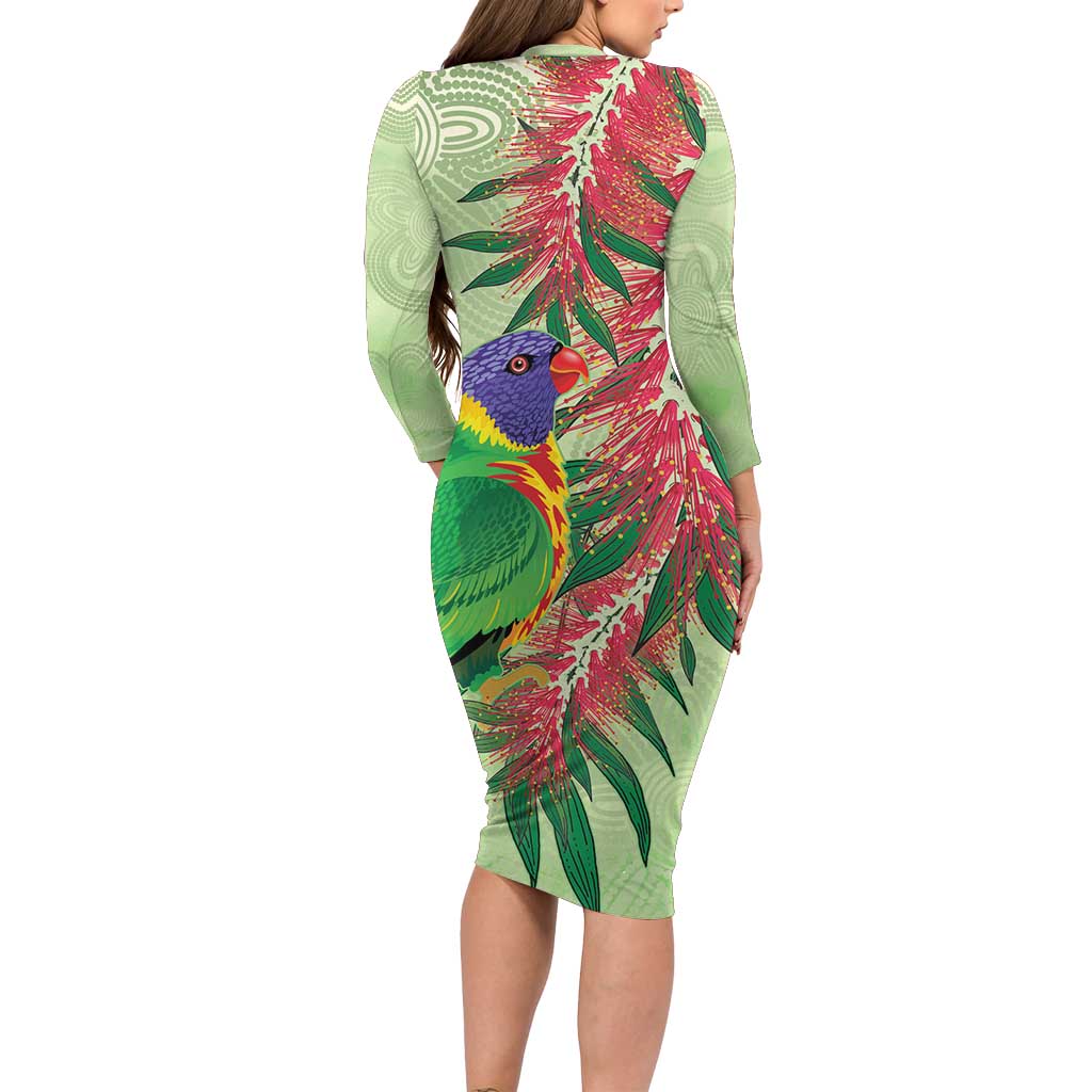 Australia Bottlebrush And Lorikeets Long Sleeve Bodycon Dress Aboriginal Art - Watercolor Style