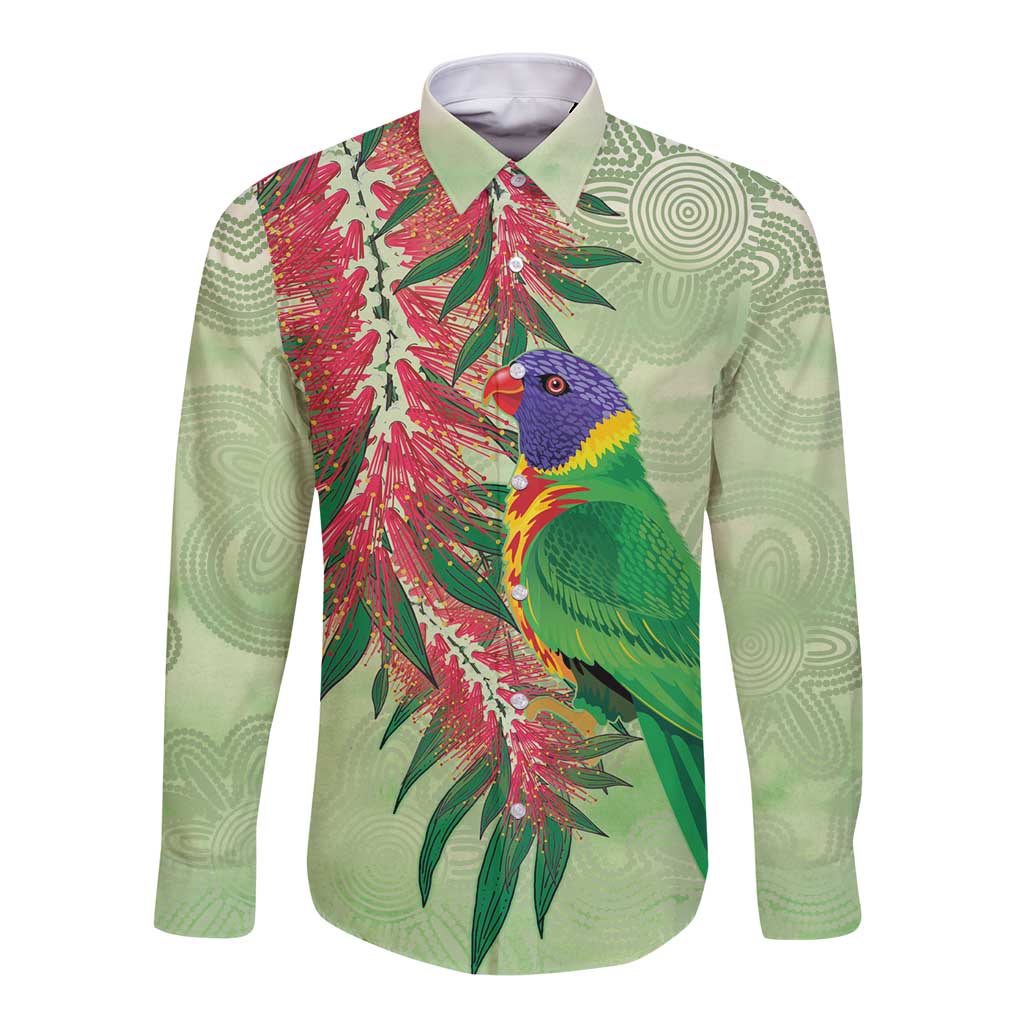 Australia Bottlebrush And Lorikeets Long Sleeve Button Shirt Aboriginal Art - Watercolor Style