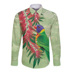 Australia Bottlebrush And Lorikeets Long Sleeve Button Shirt Aboriginal Art - Watercolor Style