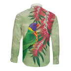 Australia Bottlebrush And Lorikeets Long Sleeve Button Shirt Aboriginal Art - Watercolor Style