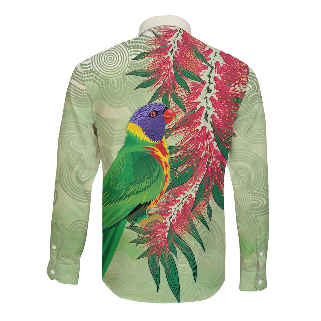 Australia Bottlebrush And Lorikeets Long Sleeve Button Shirt Aboriginal Art - Watercolor Style