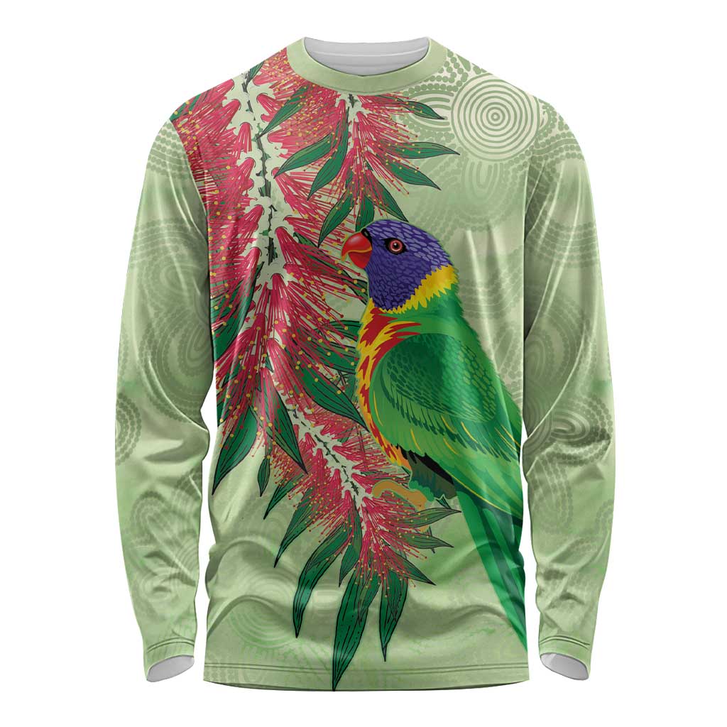 Australia Bottlebrush And Lorikeets Long Sleeve Shirt Aboriginal Art - Watercolor Style