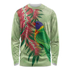 Australia Bottlebrush And Lorikeets Long Sleeve Shirt Aboriginal Art - Watercolor Style