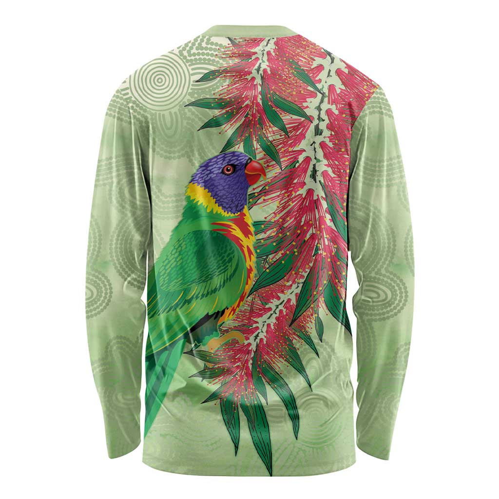 Australia Bottlebrush And Lorikeets Long Sleeve Shirt Aboriginal Art - Watercolor Style