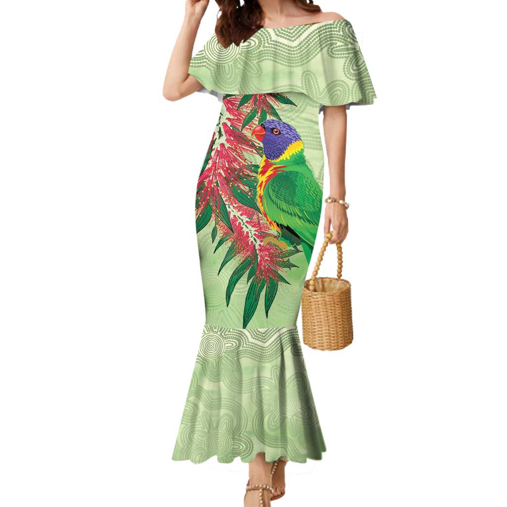 Australia Bottlebrush And Lorikeets Mermaid Dress Aboriginal Art - Watercolor Style