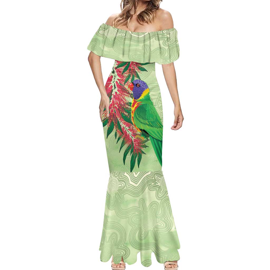Australia Bottlebrush And Lorikeets Mermaid Dress Aboriginal Art - Watercolor Style
