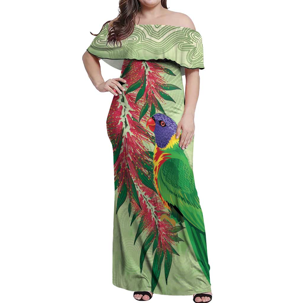 Australia Bottlebrush And Lorikeets Off Shoulder Maxi Dress Aboriginal Art - Watercolor Style