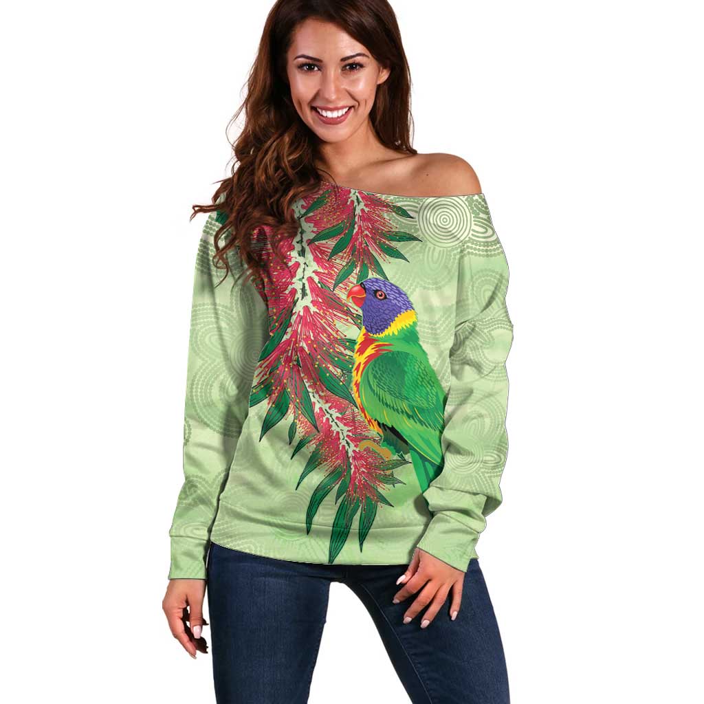 Australia Bottlebrush And Lorikeets Off Shoulder Sweater Aboriginal Art - Watercolor Style
