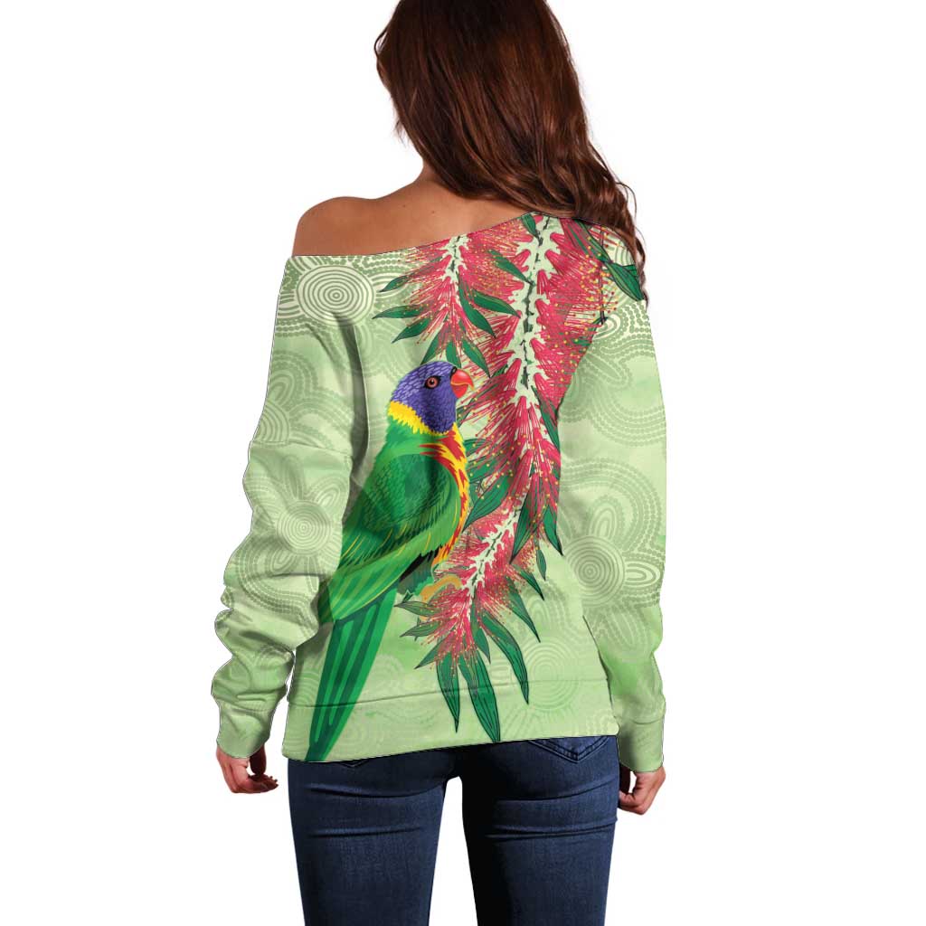 Australia Bottlebrush And Lorikeets Off Shoulder Sweater Aboriginal Art - Watercolor Style