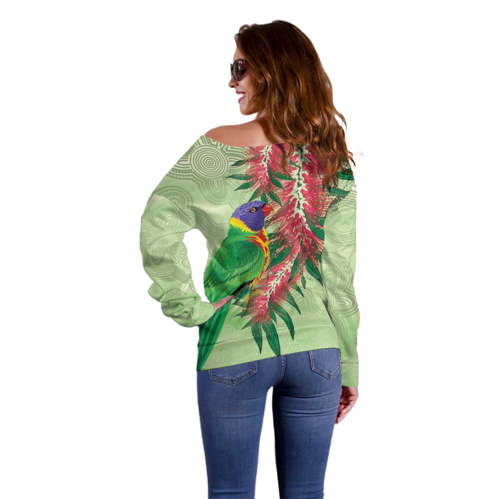 Australia Bottlebrush And Lorikeets Off Shoulder Sweater Aboriginal Art - Watercolor Style