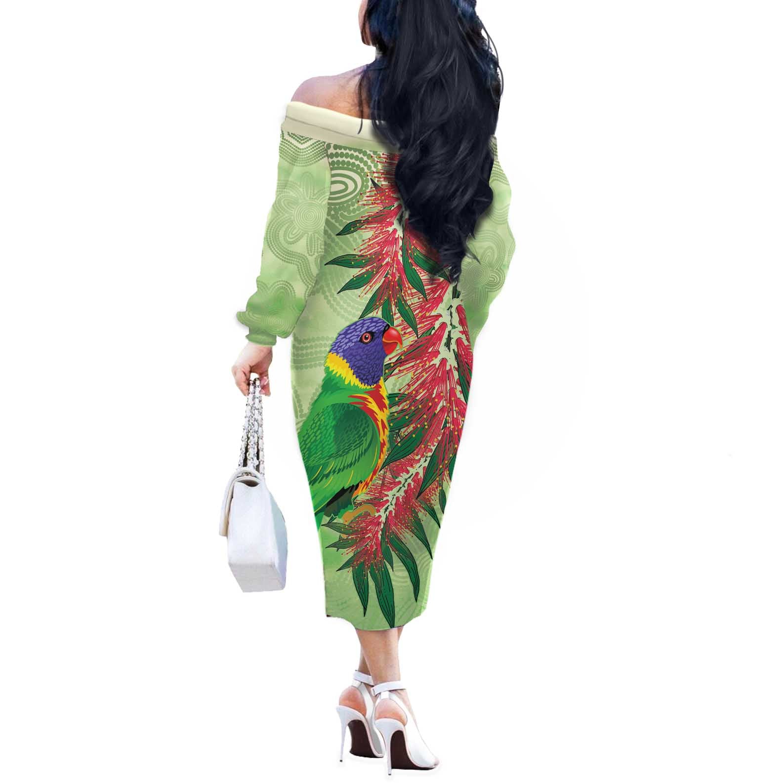 Australia Bottlebrush And Lorikeets Off The Shoulder Long Sleeve Dress Aboriginal Art - Watercolor Style
