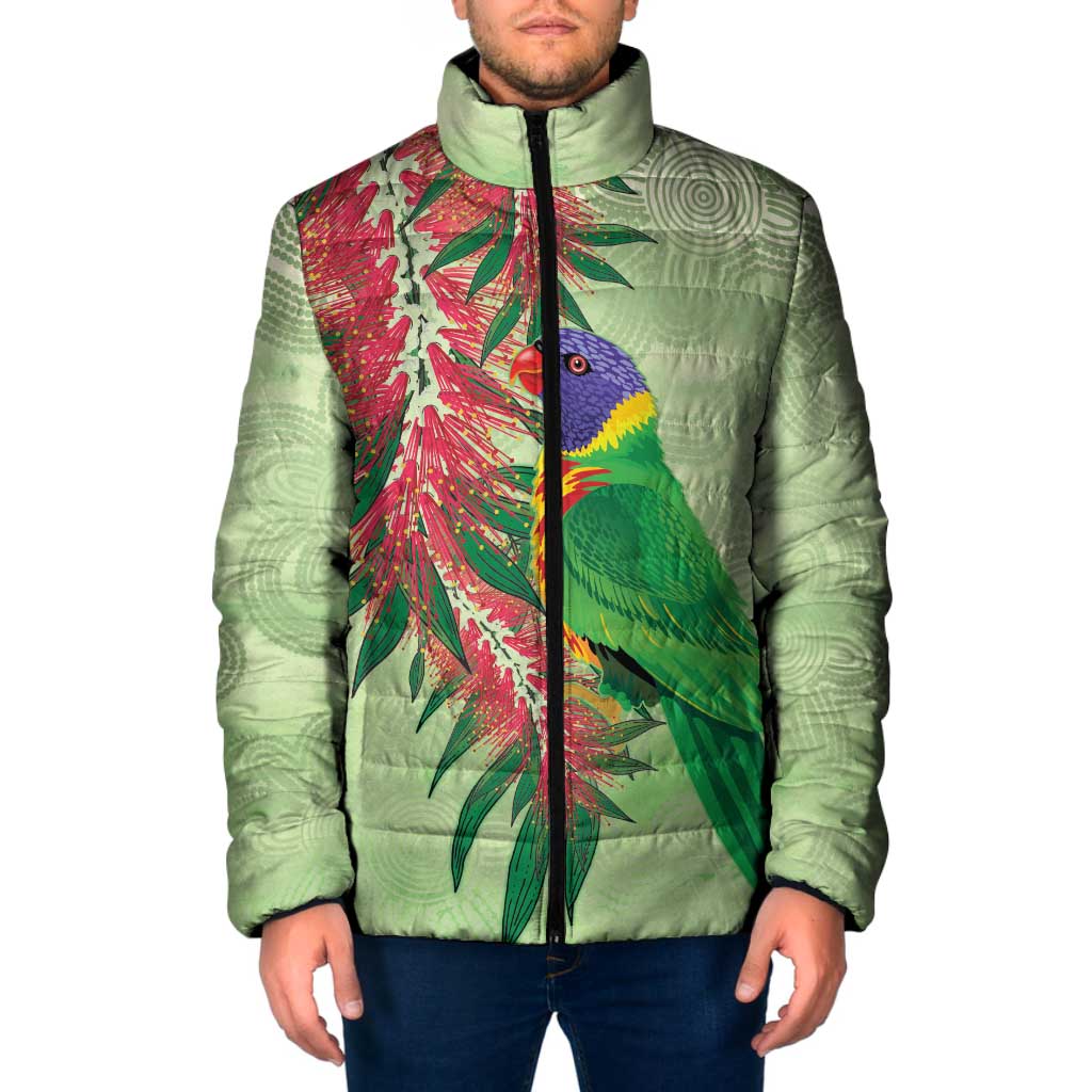 Australia Bottlebrush And Lorikeets Padded Jacket Aboriginal Art - Watercolor Style - Aussie Hoodie