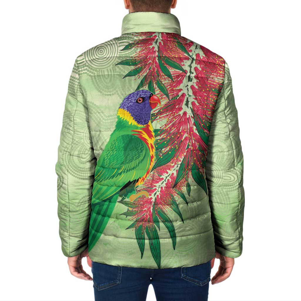 Australia Bottlebrush And Lorikeets Padded Jacket Aboriginal Art - Watercolor Style - Aussie Hoodie
