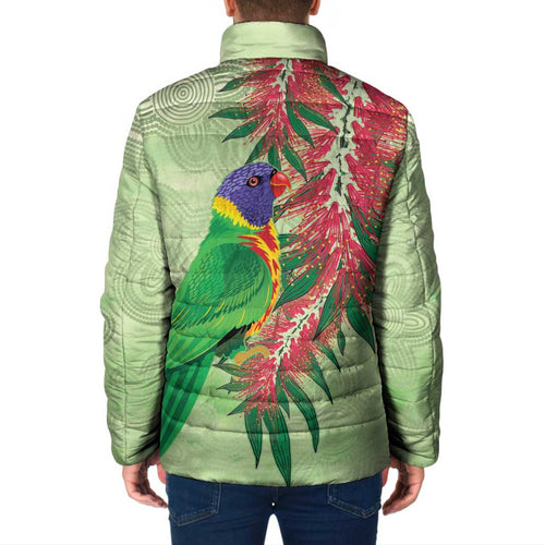 Australia Bottlebrush And Lorikeets Padded Jacket Aboriginal Art - Watercolor Style - Aussie Hoodie