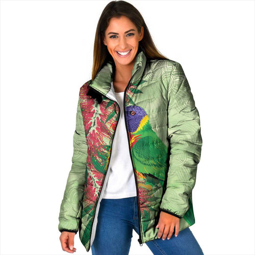 Australia Bottlebrush And Lorikeets Padded Jacket Aboriginal Art - Watercolor Style - Aussie Hoodie