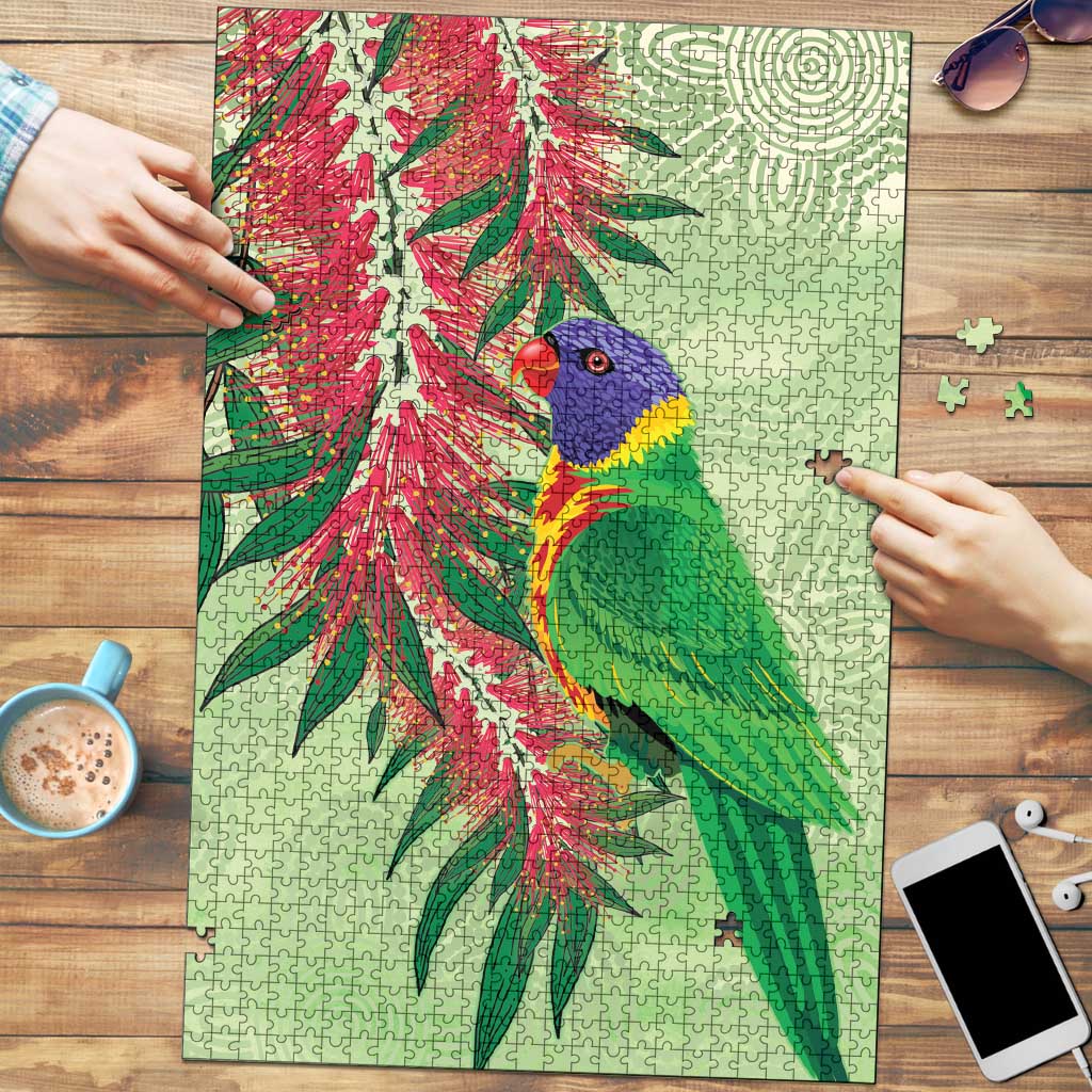 Australia Bottlebrush And Lorikeets Puzzle Aboriginal Art - Watercolor Style - Aussie Hoodie