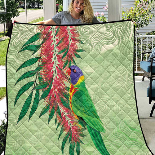 Australia Bottlebrush And Lorikeets Quilt Aboriginal Art - Watercolor Style