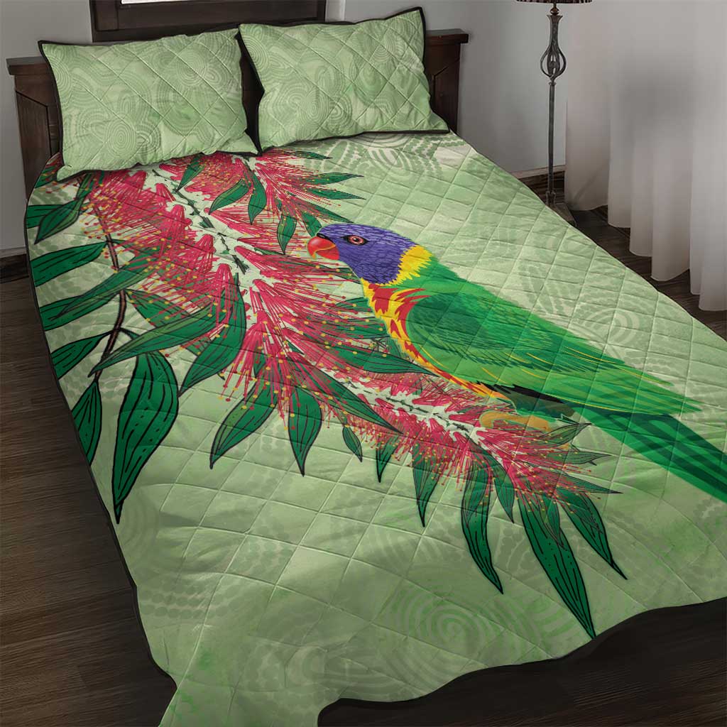Australia Bottlebrush And Lorikeets Quilt Bed Set Aboriginal Art - Watercolor Style