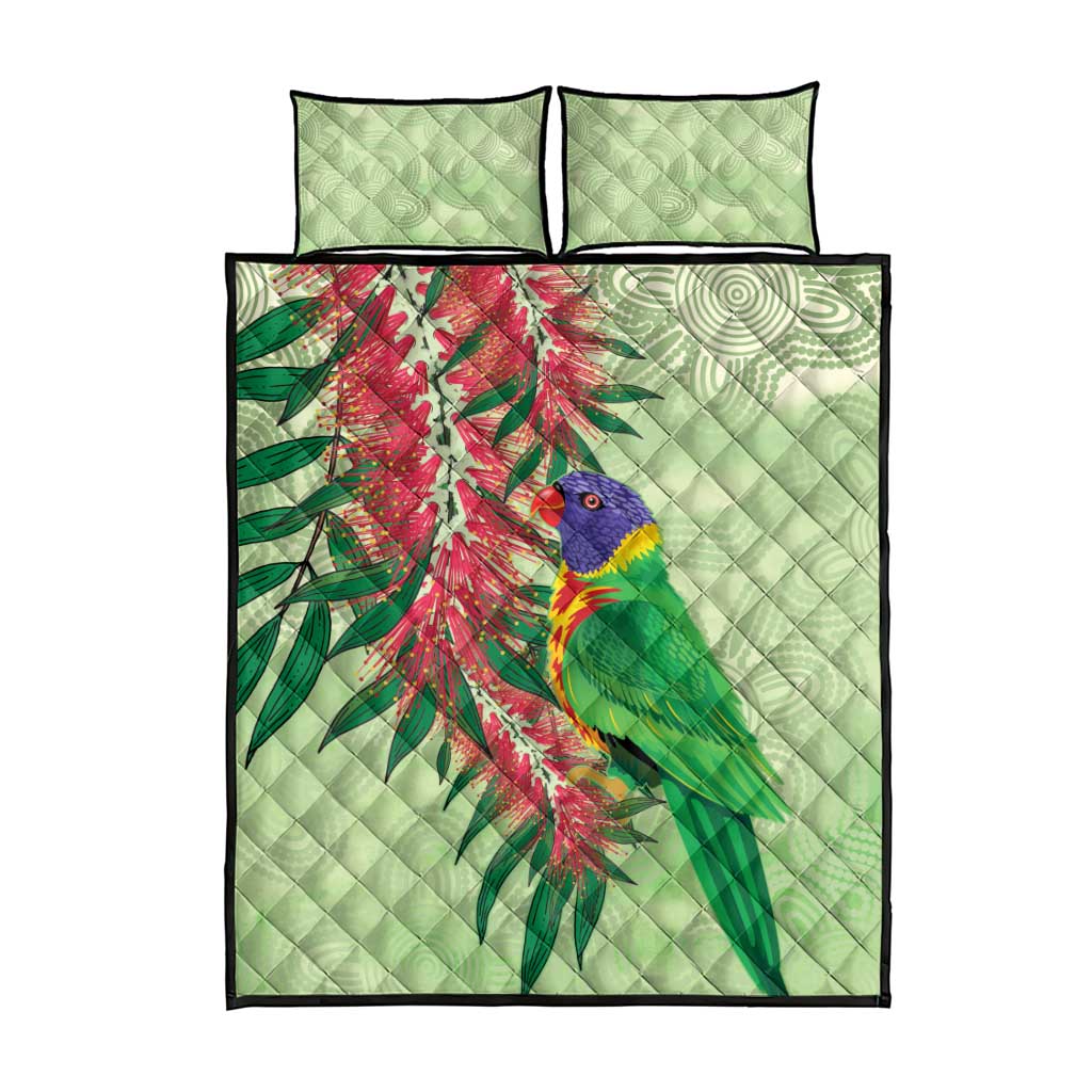 Australia Bottlebrush And Lorikeets Quilt Bed Set Aboriginal Art - Watercolor Style