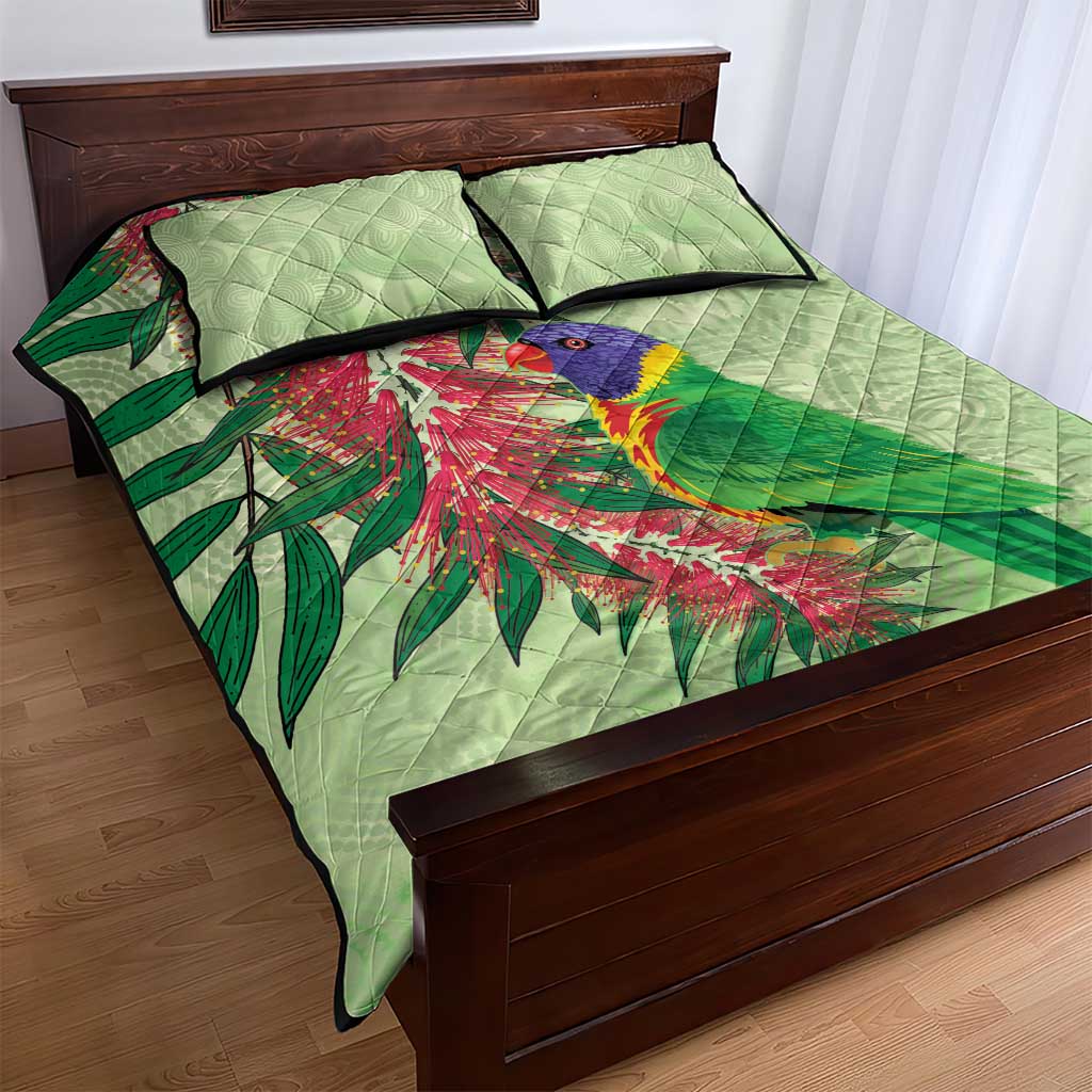 Australia Bottlebrush And Lorikeets Quilt Bed Set Aboriginal Art - Watercolor Style