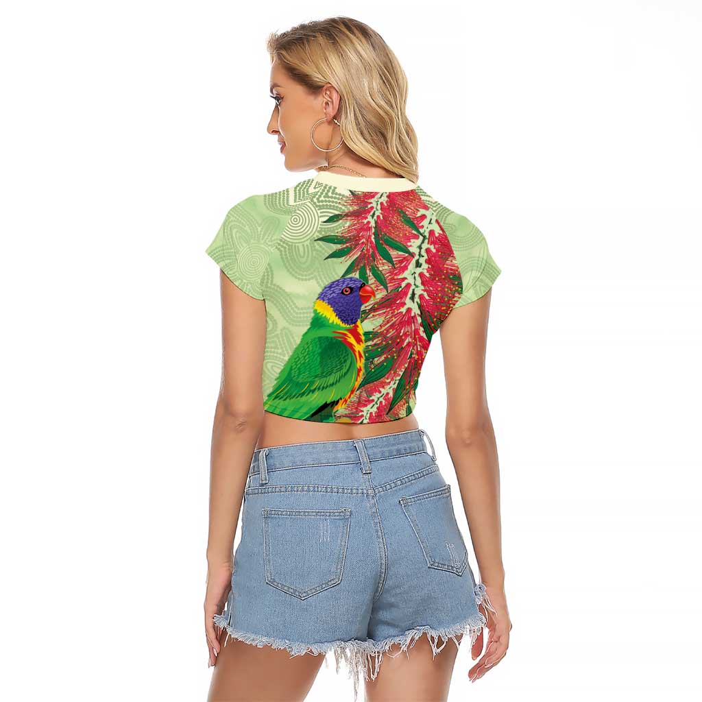 Australia Bottlebrush And Lorikeets Raglan Cropped T Shirt Aboriginal Art - Watercolor Style