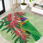 Australia Bottlebrush And Lorikeets Round Carpet Aboriginal Art - Watercolor Style
