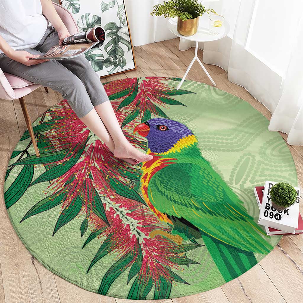 Australia Bottlebrush And Lorikeets Round Carpet Aboriginal Art - Watercolor Style