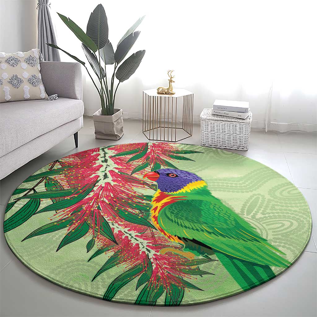 Australia Bottlebrush And Lorikeets Round Carpet Aboriginal Art - Watercolor Style
