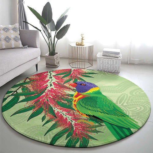 Australia Bottlebrush And Lorikeets Round Carpet Aboriginal Art - Watercolor Style