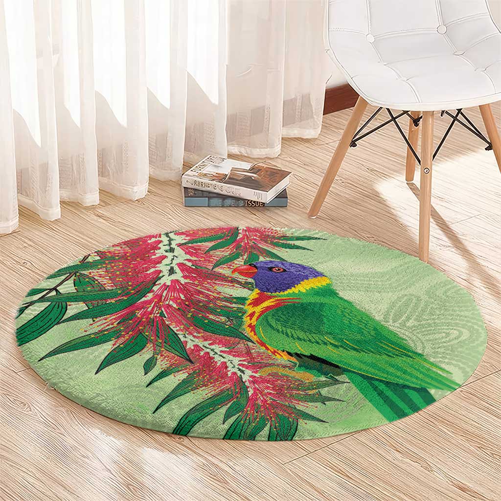 Australia Bottlebrush And Lorikeets Round Carpet Aboriginal Art - Watercolor Style