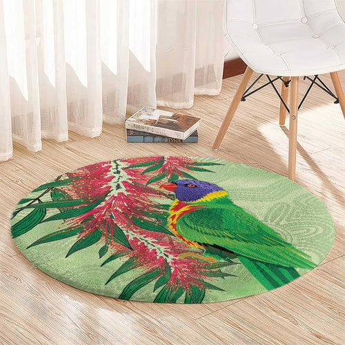Australia Bottlebrush And Lorikeets Round Carpet Aboriginal Art - Watercolor Style