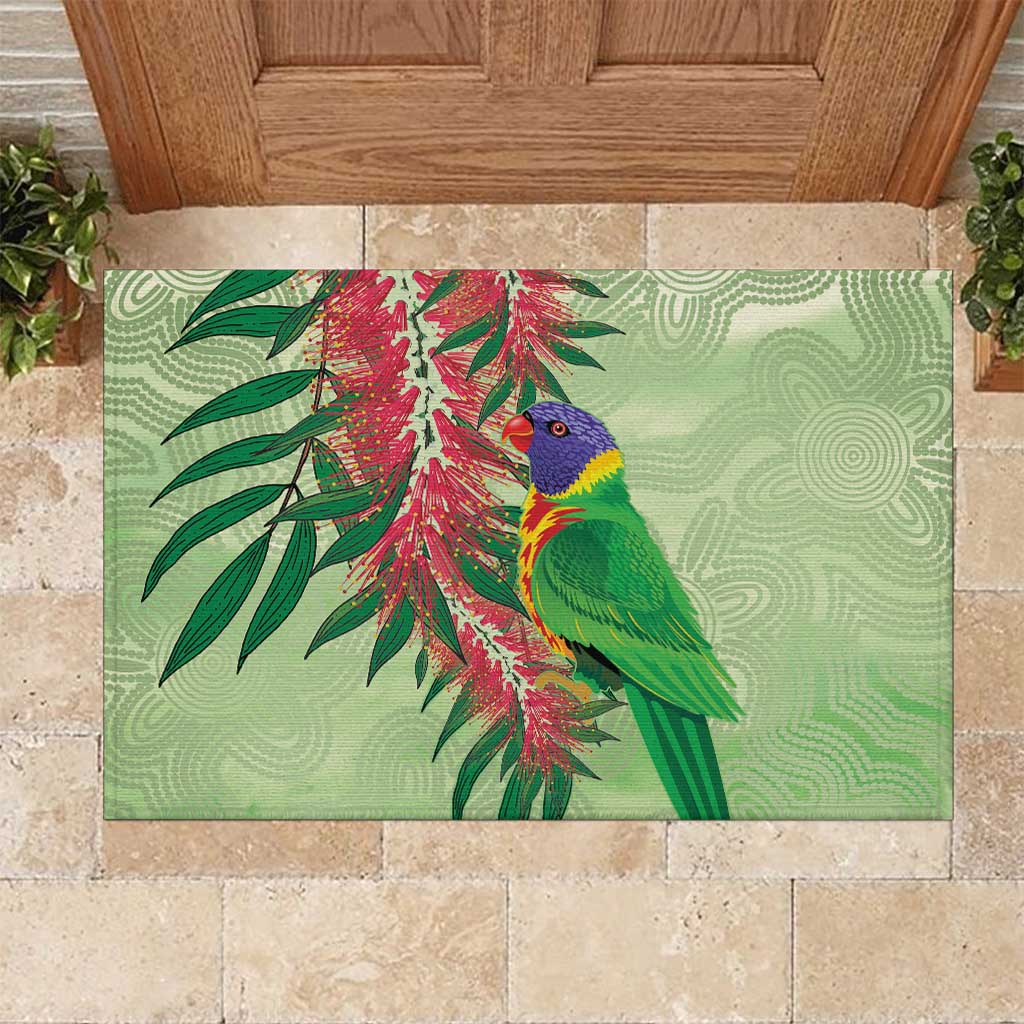 Australia Bottlebrush And Lorikeets Rubber Doormat Aboriginal Art - Watercolor Style